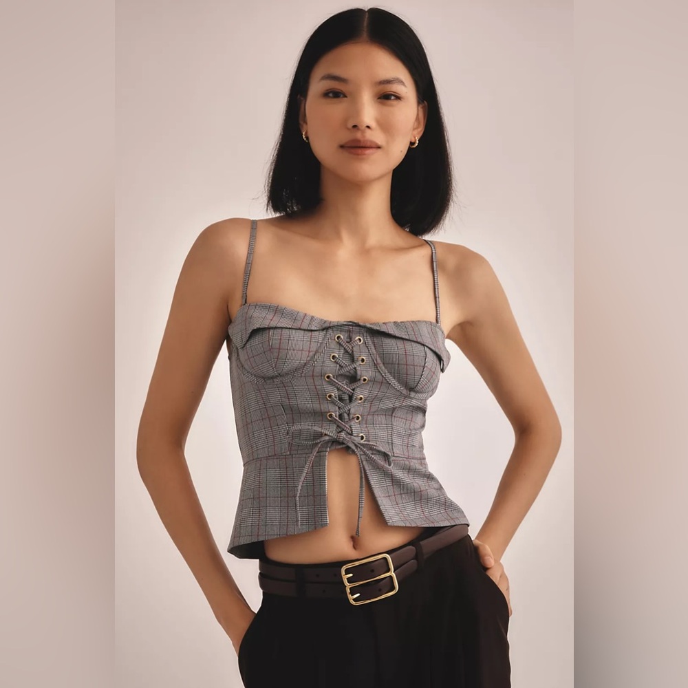 Anthropologie Gray Plaid Lace-Up Bustier Cami with Thin Straps